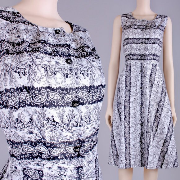 L/XL Vintage 50s Toile Cotton Novelty Day Dress